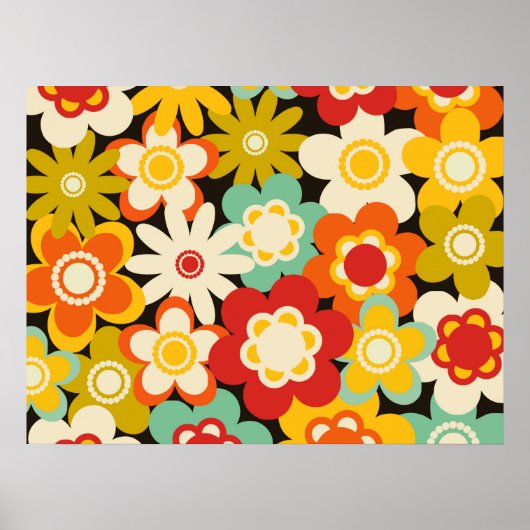 Bright Colorful Retro Cute Floral Pattern ポスター (正面)