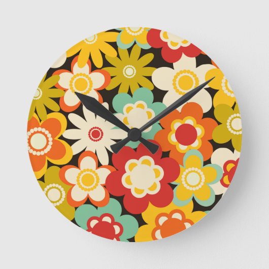 Bright Colorful Retro Cute Floral Pattern ラウンド壁時計 (正面)
