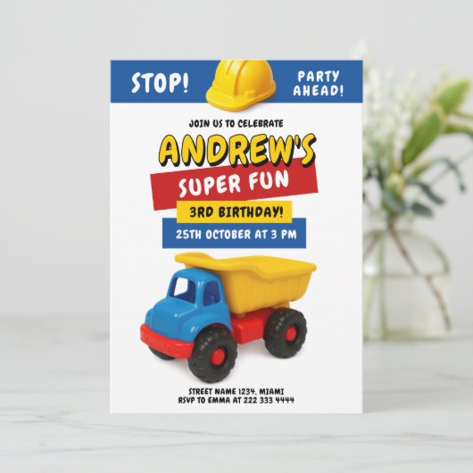 Bright Construction Truck Birthday 招待状 (スタンド正面)