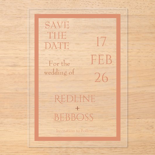 Bright Copper Elegant Modern Wedding アクリル招待状 (正面)