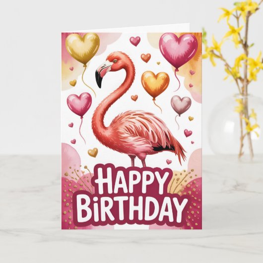 Bright & Cute Flamingo Birthday カード (黄色い花)