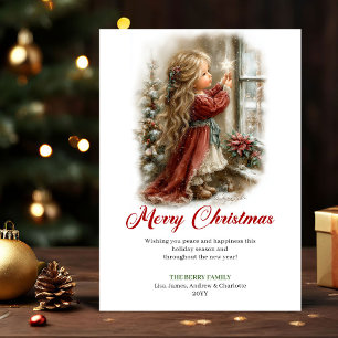 Bright Cute Little Girl Holiday Scene Christmas Ca シーズンカード
