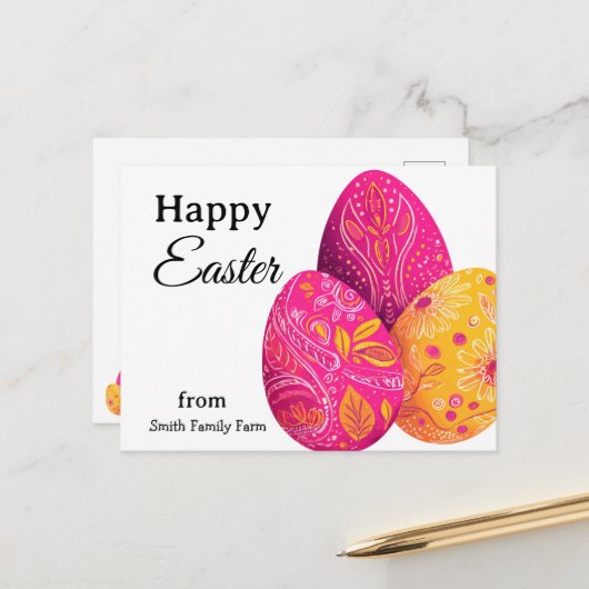 Bright Easter Eggs In Pink and Yellow ポストカード (正面/裏面インサイチュ)