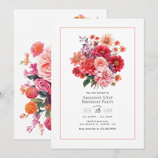 Bright Floral Birthday Party 招待状 (正面/裏面)
