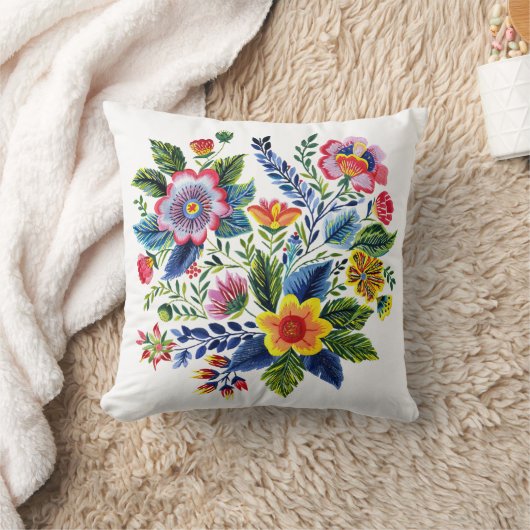 Bright Floral Bouquet Faux Yarn Embroidery クッション (ブランケット)