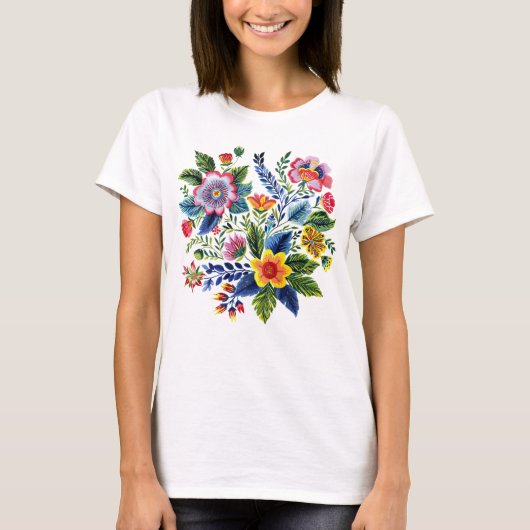 Bright Floral Bouquet Faux Yarn Embroidery  Tシャツ (正面)