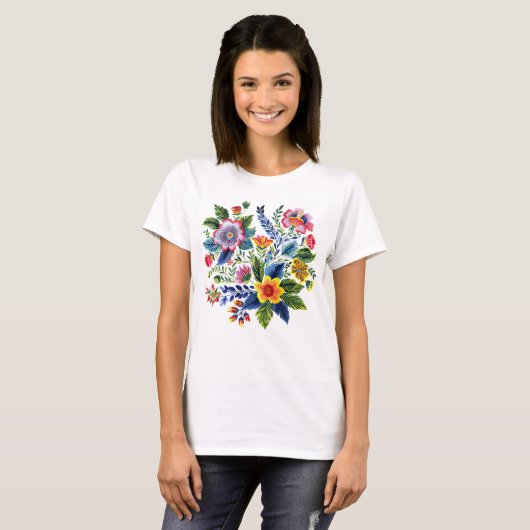 Bright Floral Bouquet Faux Yarn Embroidery Tシャツ (正面フル)