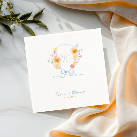 Bright Floral Crest Monogram Spring Wedding スタンダードカクテルナプキン