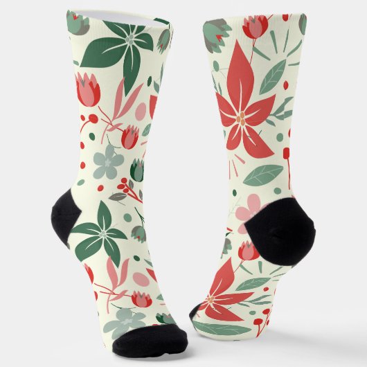 Bright Floral Design with Green Leaves and Dot ソックス (傾斜あり)