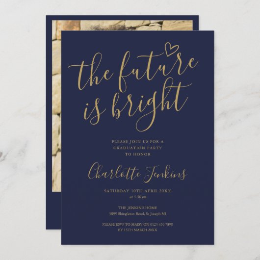 Bright Future金ゴールドスクリプトフォト卒業パーティー 招待状 (正面/裏面)