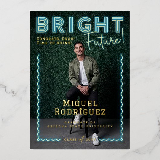 Bright Future Blue Neon Grad写真卒業 箔招待状 (正面)