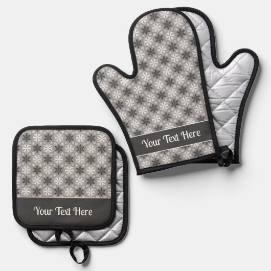 Bright Gray and Winter White Snowflake Pattern 鍋つかみ&鍋敷きセット (正面/裏面)