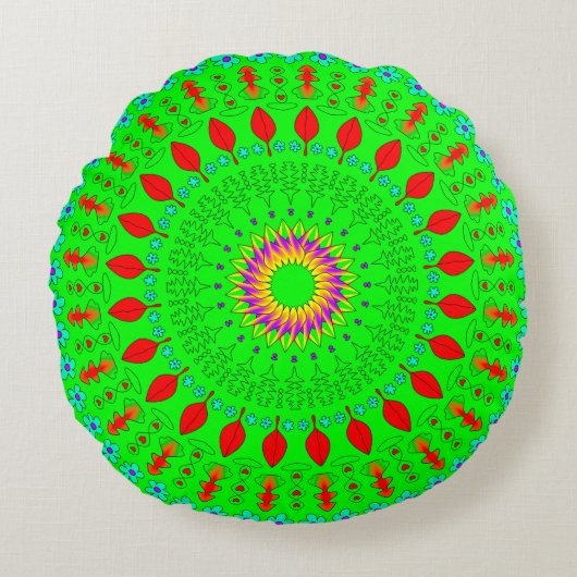 Bright Green Round Bohemian Throw Pillow ラウンドクッション (正面)