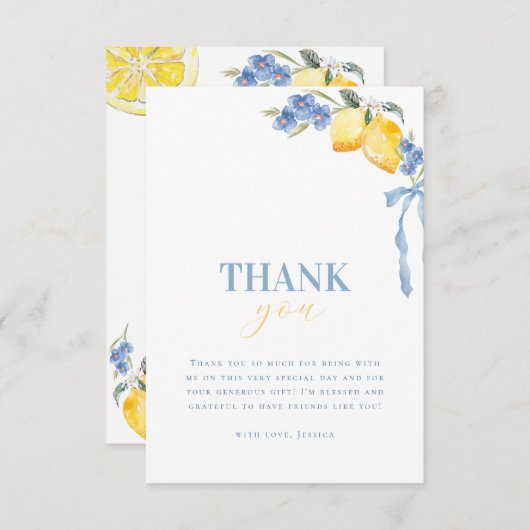 Bright Italian Blue Bow Lemon Floral Bridal Shower サンキューカード (正面/裏面)