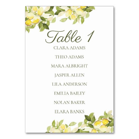 Bright Lemon Fresh Wedding Seating Chart Card テーブルナンバー (正面)