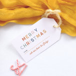 Bright & Merryカラフル Christmasスクリプト名 ギフトタグ<br><div class="desc">私たちのポップ・アートのカラフル幾何学的メリークリスマスギフトラベルであなたのプレゼントにフェスティバルおもしろいの追加！フロントは大文字の「メリー・はっきりしたクリスマス」を備え鮮やか、その下に黄色の線が付いたよくはしゃぐ宇宙は受け取り人の名書前に表示され離れる。あなたの家族の名前は明書るいオレンジ色のスクリプトの下にある。逆にクリスマスツリーインスパイア、スター、ボーブル、ギフトとおもしろいバウハウスの幾何学的なパターンを示す。明るく輝くデザインを愛する人々に最適モダンで、彼らの贈り物を際立たせるために少し余分な応援!このページにリンクされたコレクションを表示してアイテムを照合するか、クリスマスギフトタグの詳細については当店を訪問！</div>