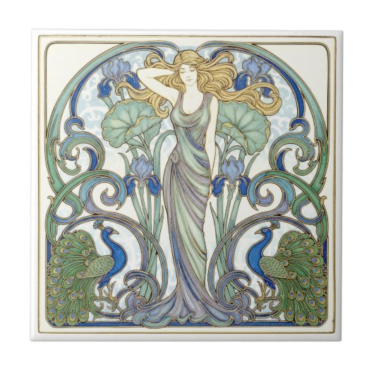 Bright Nouveau Muse & Peacocks Pat#2 ID1193 タイル (正面)