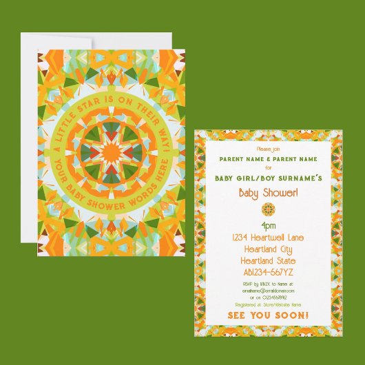 Bright Orange Green Star Baby Girl’s Boy’s Shower 招待状