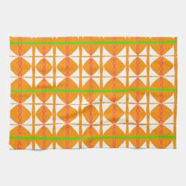 Bright orange, green, white abstract tea towel キッチンタオル