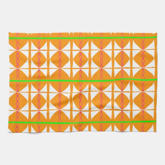 Bright orange, green, white abstract tea towel キッチンタオル (横)
