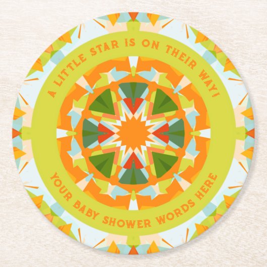 Bright Orange Playful Green Fun Star Baby Shower ラウンドペーパーコースター (正面)