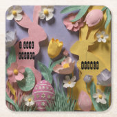 Bright Paper Cut Style Bunny & Easter Egg Party スクエアペーパーコースター (正面)