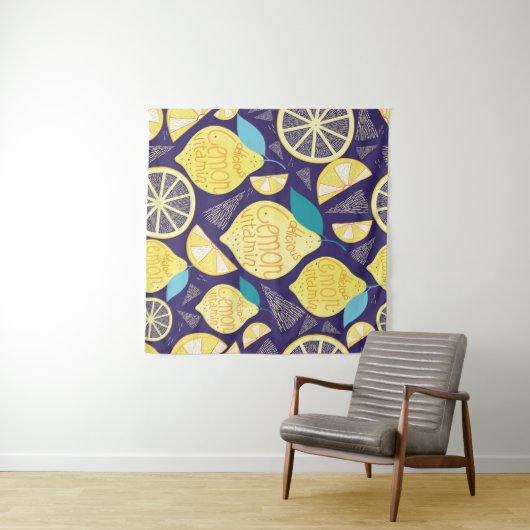 Bright pattern of lemons and cloves on a dark blue タペストリー (インサイチュ(横))