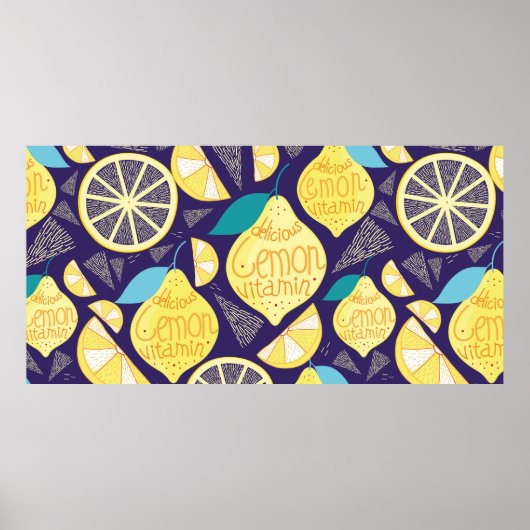 Bright pattern of lemons and cloves on a dark blue ポスター (正面)