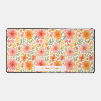 Bright Pattern Pink Orange Watercolor Floral  デスクマット