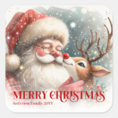 Bright Personalized Santa and Rudolph Holiday Gift スクエアシール (正面)