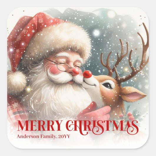 Bright Personalized Santa and Rudolph Holiday Gift スクエアシール (正面)