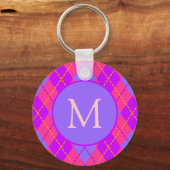 Bright Pink and Blue Argyle Pattern Monogram キーホルダー (正面)