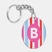 Bright Pink and Blue Candy Stripes Monogram キーホルダー (正面左)