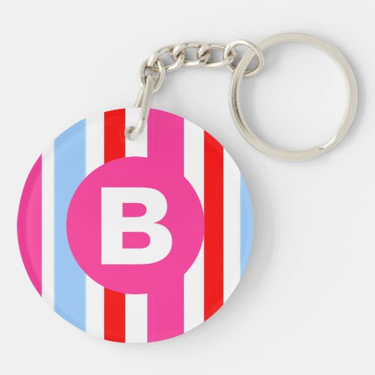 Bright Pink and Blue Candy Stripes Monogram キーホルダー (裏面)