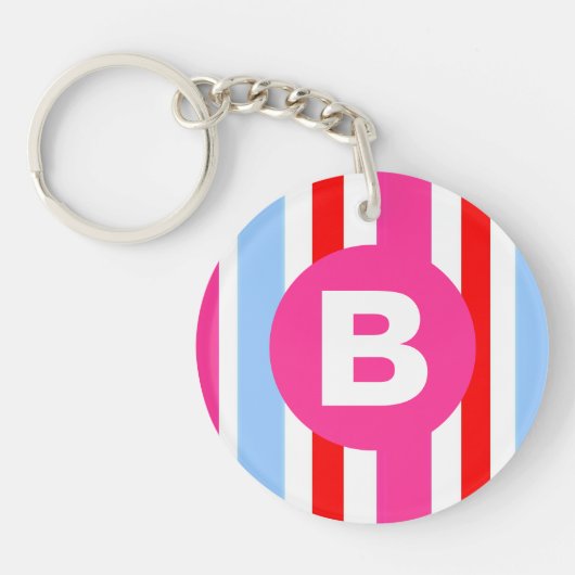 Bright Pink and Blue Candy Stripes Monogram キーホルダー (正面)