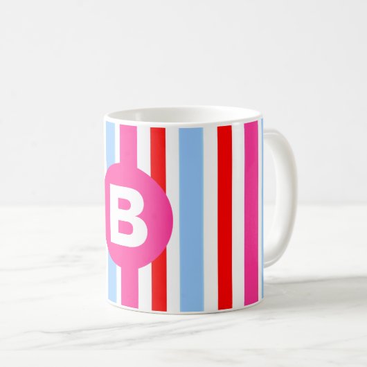 Bright Pink and Blue Candy Stripes Monogram コーヒーマグカップ (正面右)