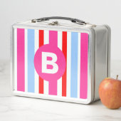Bright Pink and Blue Candy Stripes Monogram メタルランチボックス (インサイチュ)