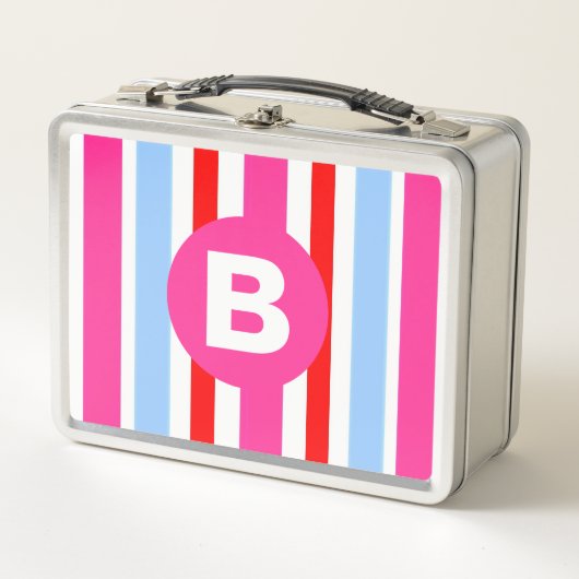 Bright Pink and Blue Candy Stripes Monogram メタルランチボックス (正面)