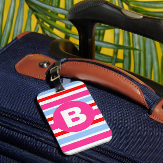 Bright Pink and Blue Candy Stripes Monogram ラゲッジタグ