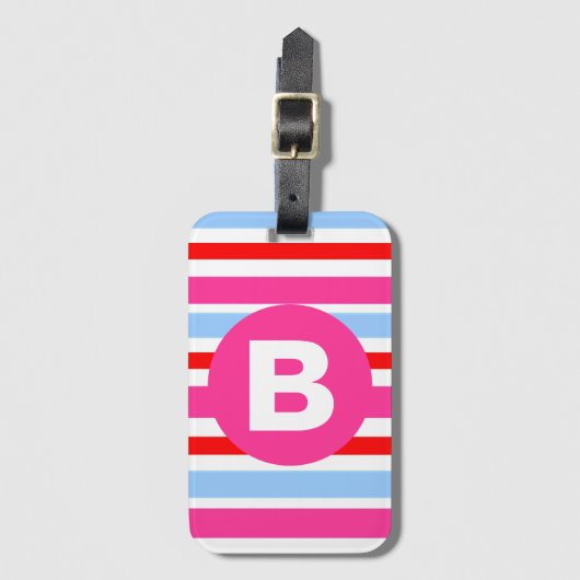 Bright Pink and Blue Candy Stripes Monogram ラゲッジタグ (正面縦)