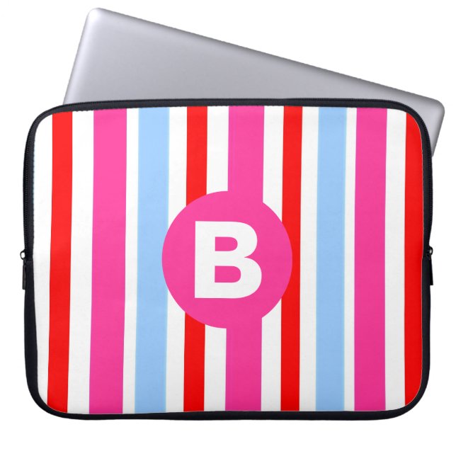 Bright Pink and Blue Candy Stripes Monogram ラップトップスリーブ (正面)