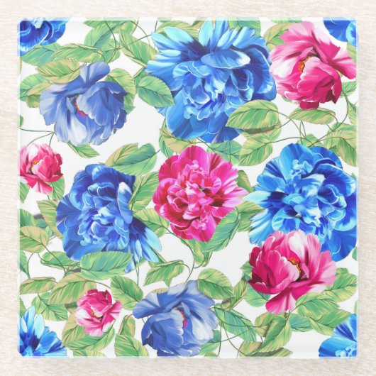Bright Pink and Blue Floral Pretty Pattern ガラスコースター (正面)
