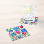 Bright Pink and Blue Floral Pretty Pattern スクエアペーパーコースター (インサイチュ)