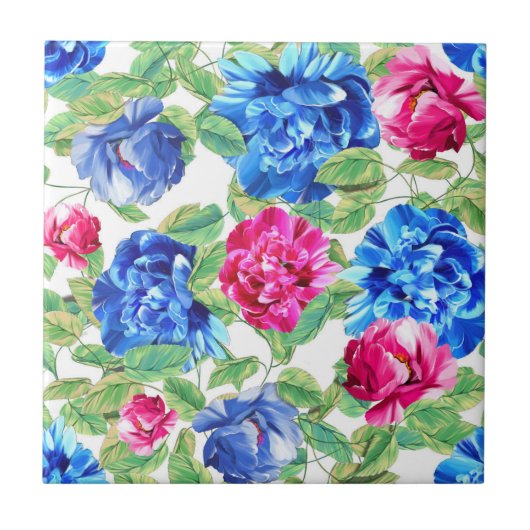 Bright Pink and Blue Floral Pretty Pattern タイル (正面)