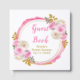 Bright Pink and Gold Elegant Flowers Sweet Sixteen ゲストブック