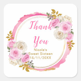 Bright Pink and Gold Elegant Flowers Sweet Sixteen スクエアシール