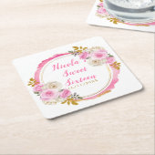 Bright Pink and Gold Elegant Flowers Sweet Sixteen スクエアペーパーコースター (アングル)