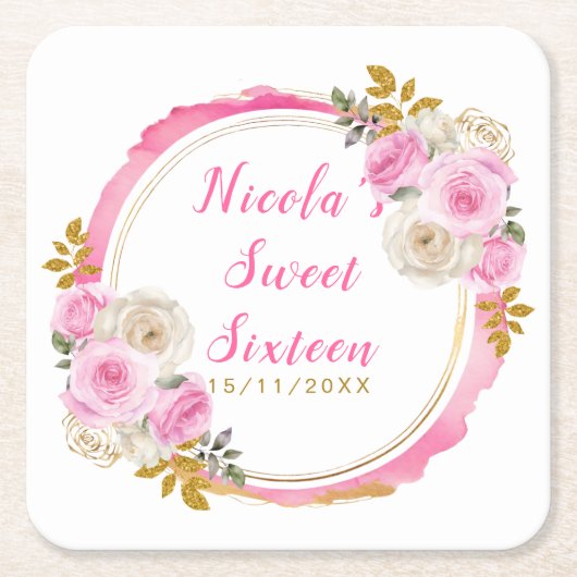 Bright Pink and Gold Elegant Flowers Sweet Sixteen スクエアペーパーコースター (正面)