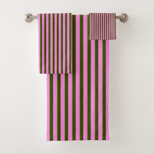 Bright Pink and Green Retro Stripe Modern バスタオルセット (インサイチュ)
