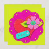 Bright Pink and Peridot Felt Style Heart Flower  招待状 (正面/裏面)